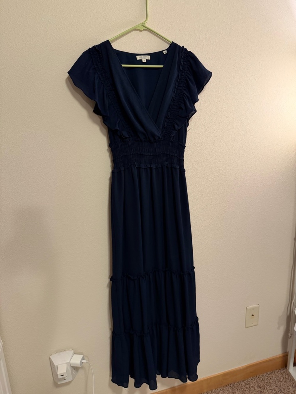 Max Studio Navy Ruffle V-Neck Maxi Dress with Smocked Waist